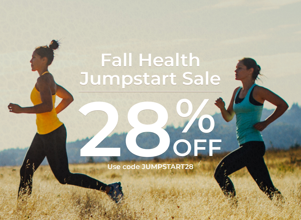 Fall Health Jumpstart Sale – 28% Off. Use code JUMPSTART28. Bold text over image of autumn landscape with two woman fitness runner.