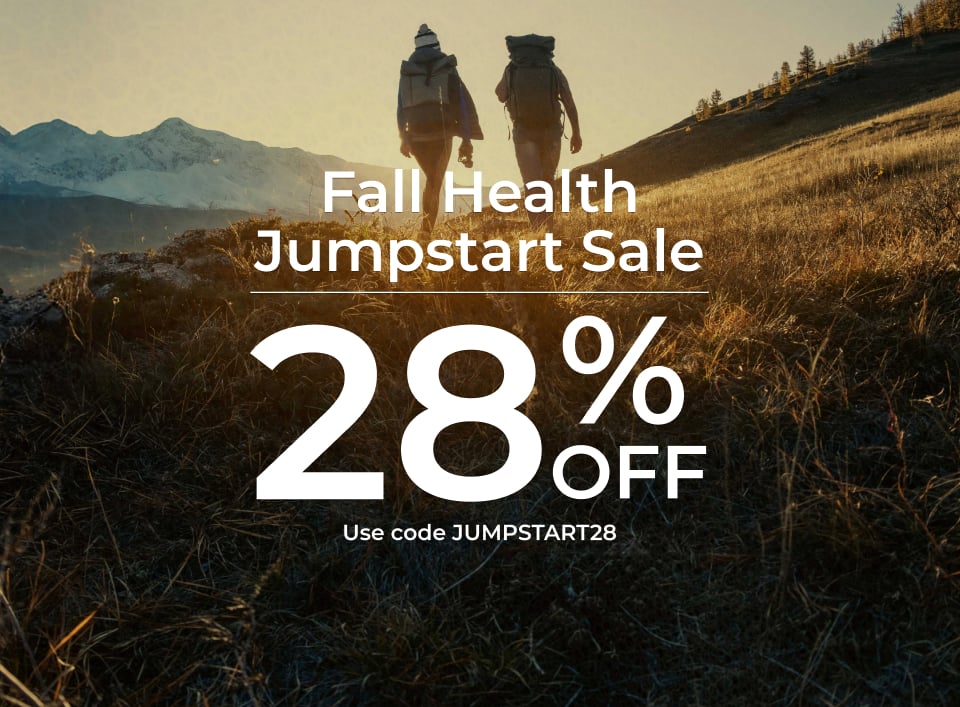 Fall Health Jumpstart Sale – 28% Off. Use code JUMPSTART28. Two people hiking in the mountains..