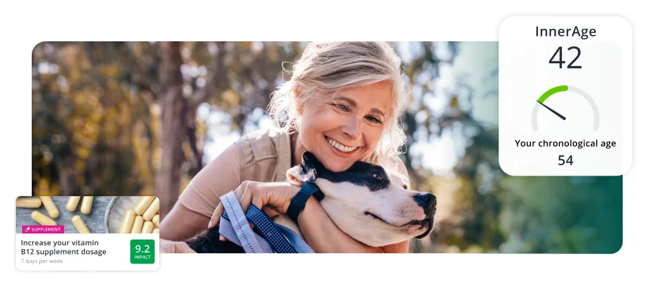 Woman hugging dog with images of InsideTracker screens overlayed.  InnerAge 42 and Increase your vitamin b12 supplement dosage. 