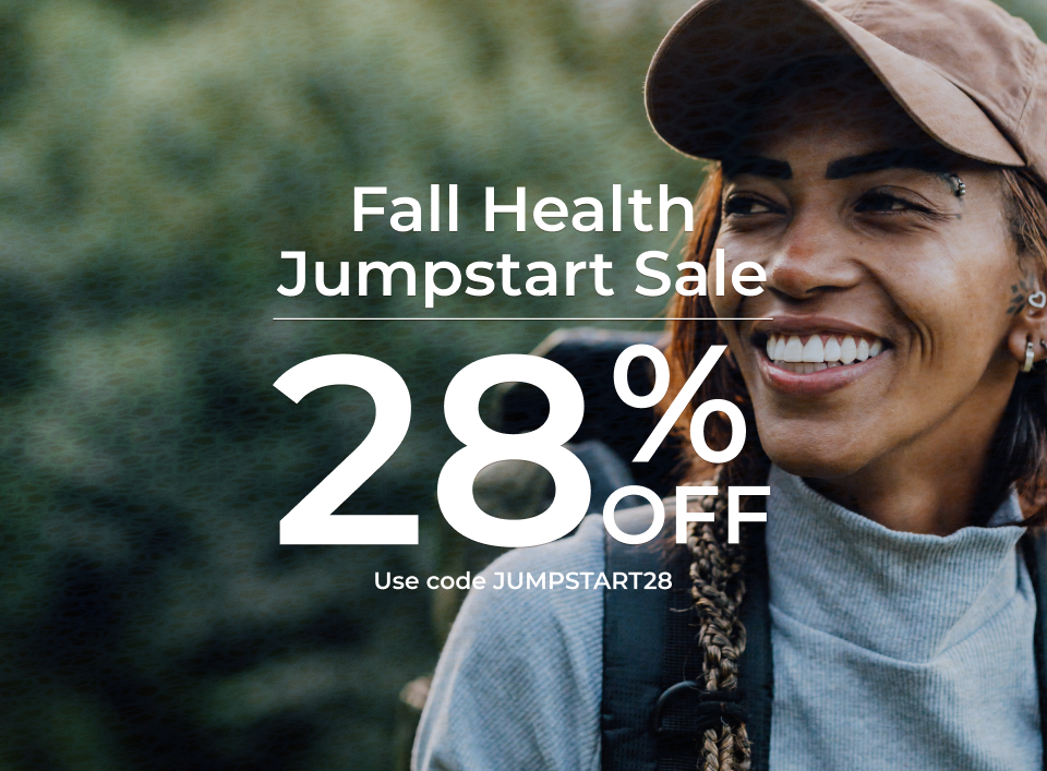 Fall Health Jumpstart Sale – 28% Off. Use code JUMPSTART28. Bold text over image of autumn landscape with two woman fitness runner.