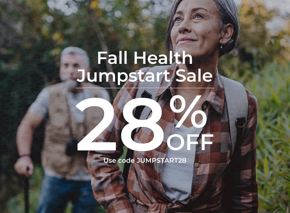 Fall Health Jumpstart Sale – 28% Off. Use code JUMPSTART28. Bold text over image of autumn landscape with two woman fitness runner.