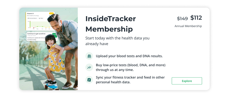InsideTracker Membership: Start today with the health data you already have. Click here to explore now.