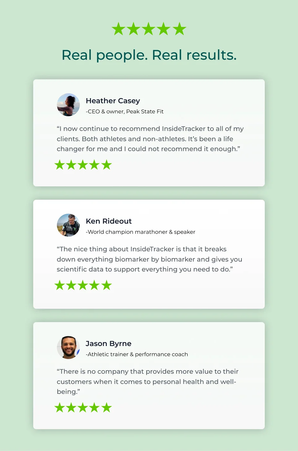 Real people. Real results. “I now continue to recommend InsideTracker to all of my clients. Both athletes and non-athletes. It’s been a life changer for me and I could not recommend it enough” -Heather Casey, CEO & owner, Peak State Fit