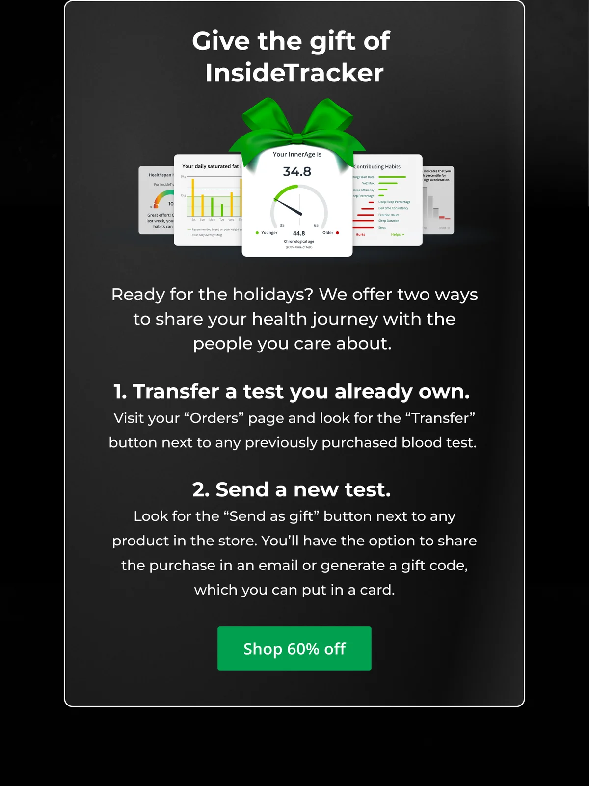 Give the gift of InsideTracker: Ready for the holidays? We offer two ways to share your health journey with the people you care about.   1. Transfer a test you already own.  Visit your “Orders”&nbsp; page and look for the “Transfer” button next to any previously purchased blood test.&nbsp;  2. Send a new test.  Look for the “Send as gift” button next to any product in the store. You’ll have the option to share the purchase in an email or generate a gift code, which&nbsp; you can put in a card. Click here to shop 60% off now!