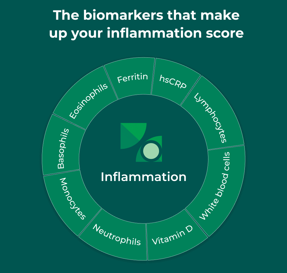 The biomarkers that make up your inflammation score: Eosinophils, Ferritin, hsCRP, Lymphocytes, White blood cells, Vitamin D, Neutrophils, Monocytes, Basophils