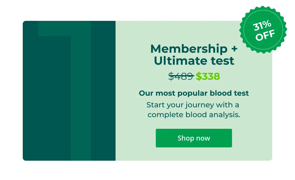 Membership + Ultimate test - Our most popular blood test  Start your journey with a  complete blood analysis. Click here to shop now