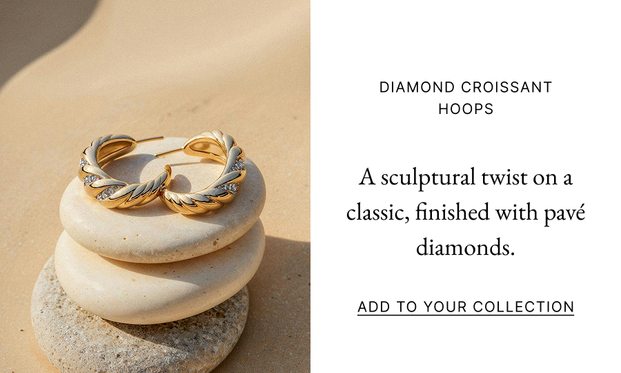  Diamond Croissant Hoops  A sculptural twist on a classic, finished with pavé diamonds.  Add to Your Collection