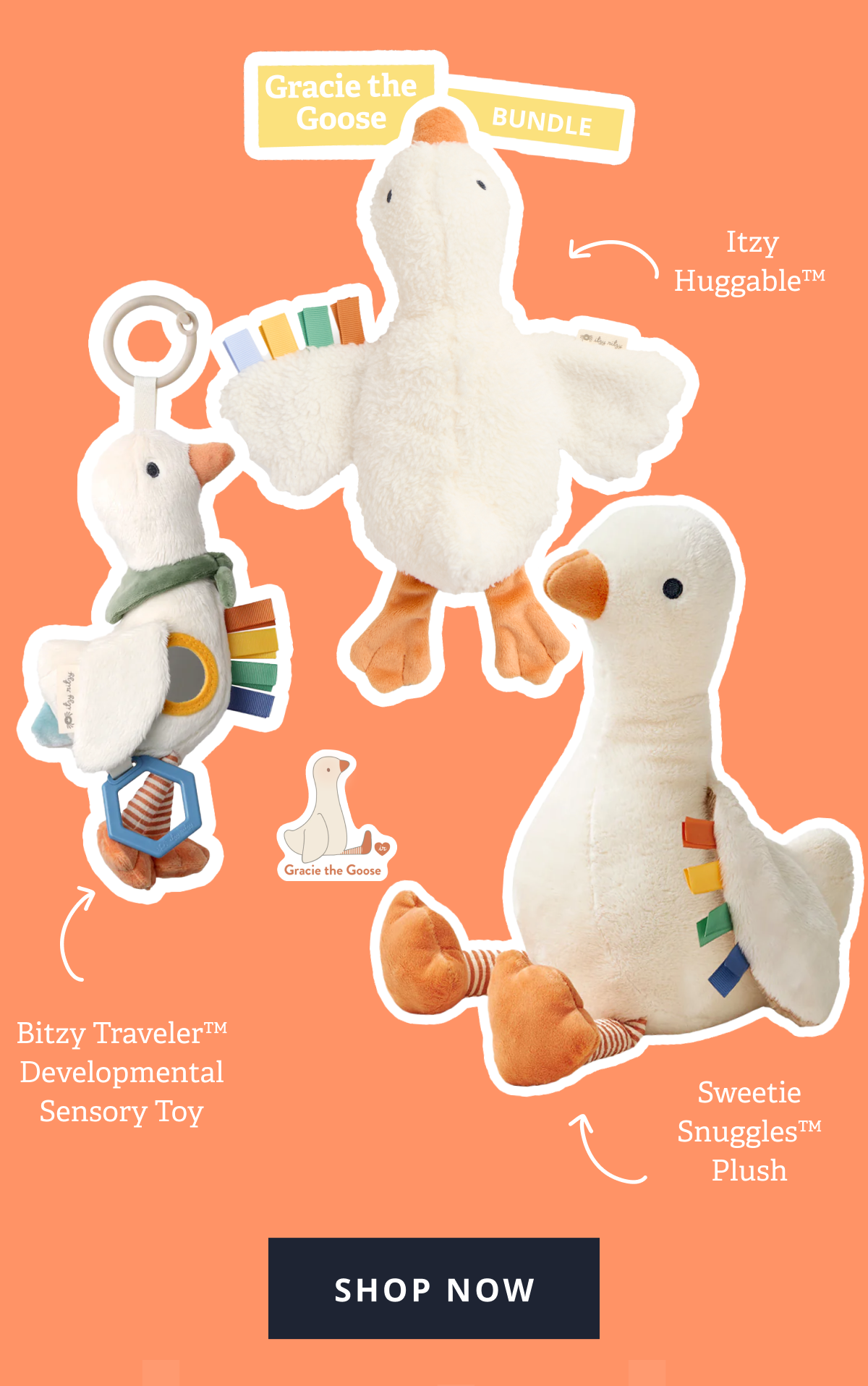 Grace the Goose Bundle | Sweetie Snuggles™ Plush | Sweetie Snuggles™ | Bitzy Traveler™ Developmental Sensory Toy [ SHOP NOW ]