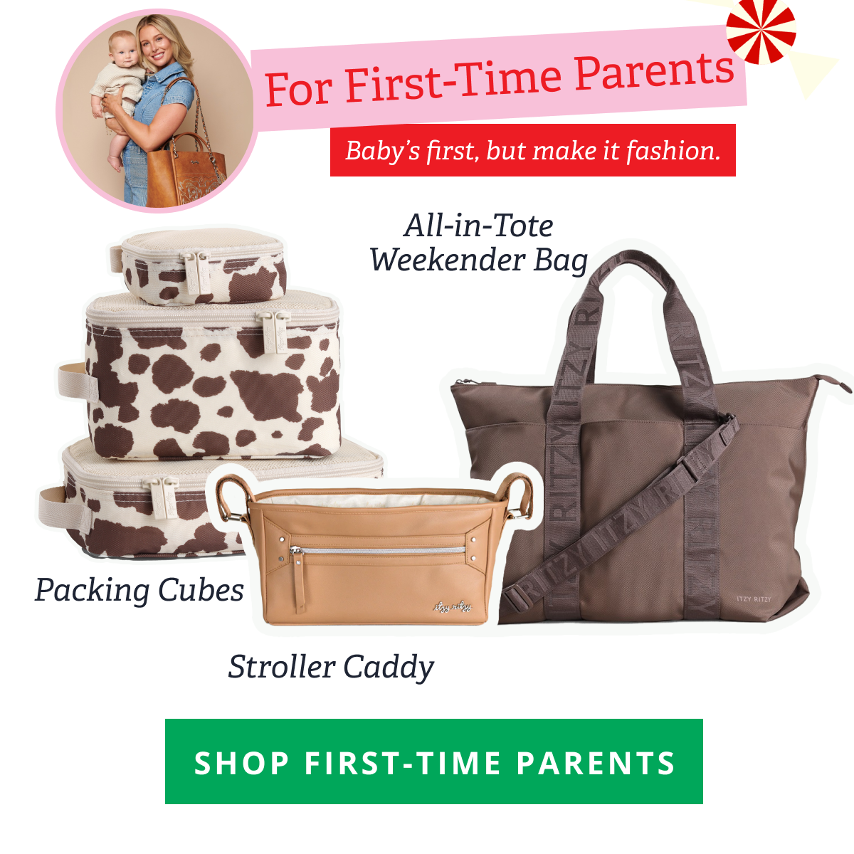 For First-Time Parents | Baby's first, but make it fashion. | Packing Cubes, Stroller Caddy, All-in-Tote Weekender Bag [ SHOP FIRST-TIME PARENTS ]