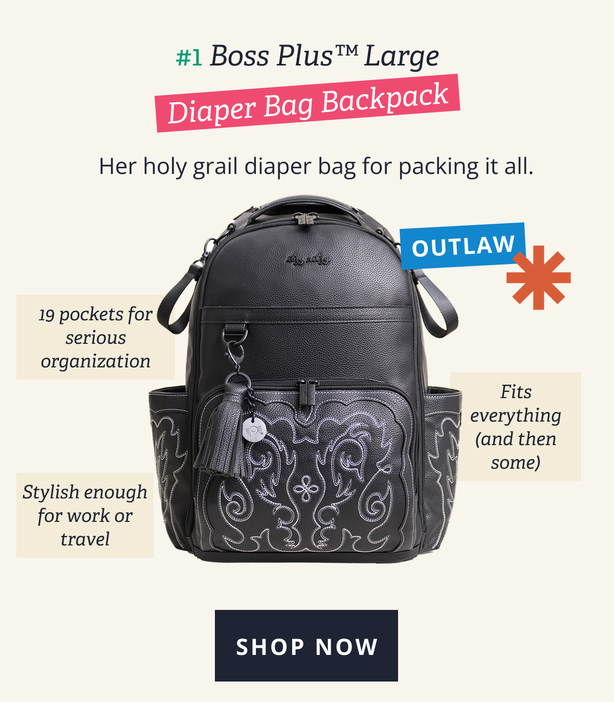 #1 Boss Plus™ Large Diaper Bag Backpack in Outlaw | Her holy grail diaper bag for packing it all. | 19 pockets for serious organization - Fits everything (and then some) - Stylish enough for work or travel [ SHOP NOW ]
