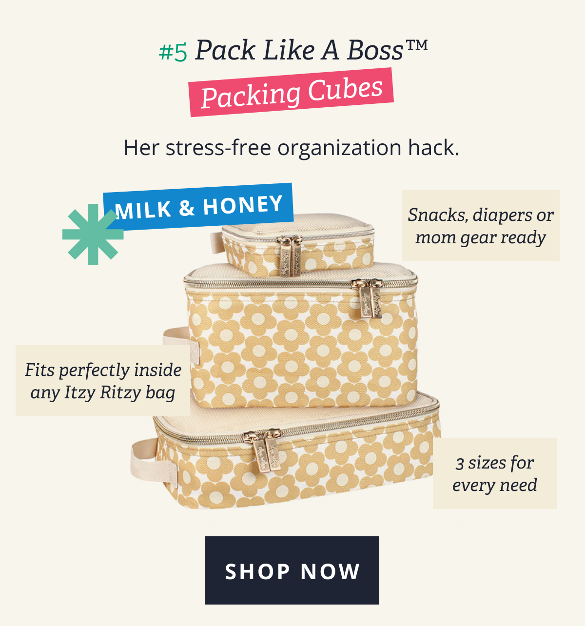 #5 Pack Like A Boss™ Packing Cubes in Milk & Honey | Her stress-free organization hack.  Snacks, diapers or mom gear ready - Fits perfectly inside any Itzy Ritzy bag - 3 sizes for every need [ SHOP NOW ]