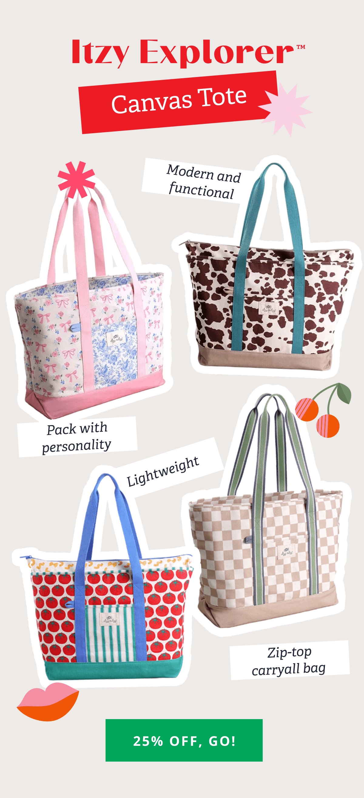 Itzy Explorer™ Canvas Tote | Modern and functional - Pack with personality&nbsp; - Lightweight - Zip-top carryall bag&nbsp;  [ 25% OFF, GO! ]