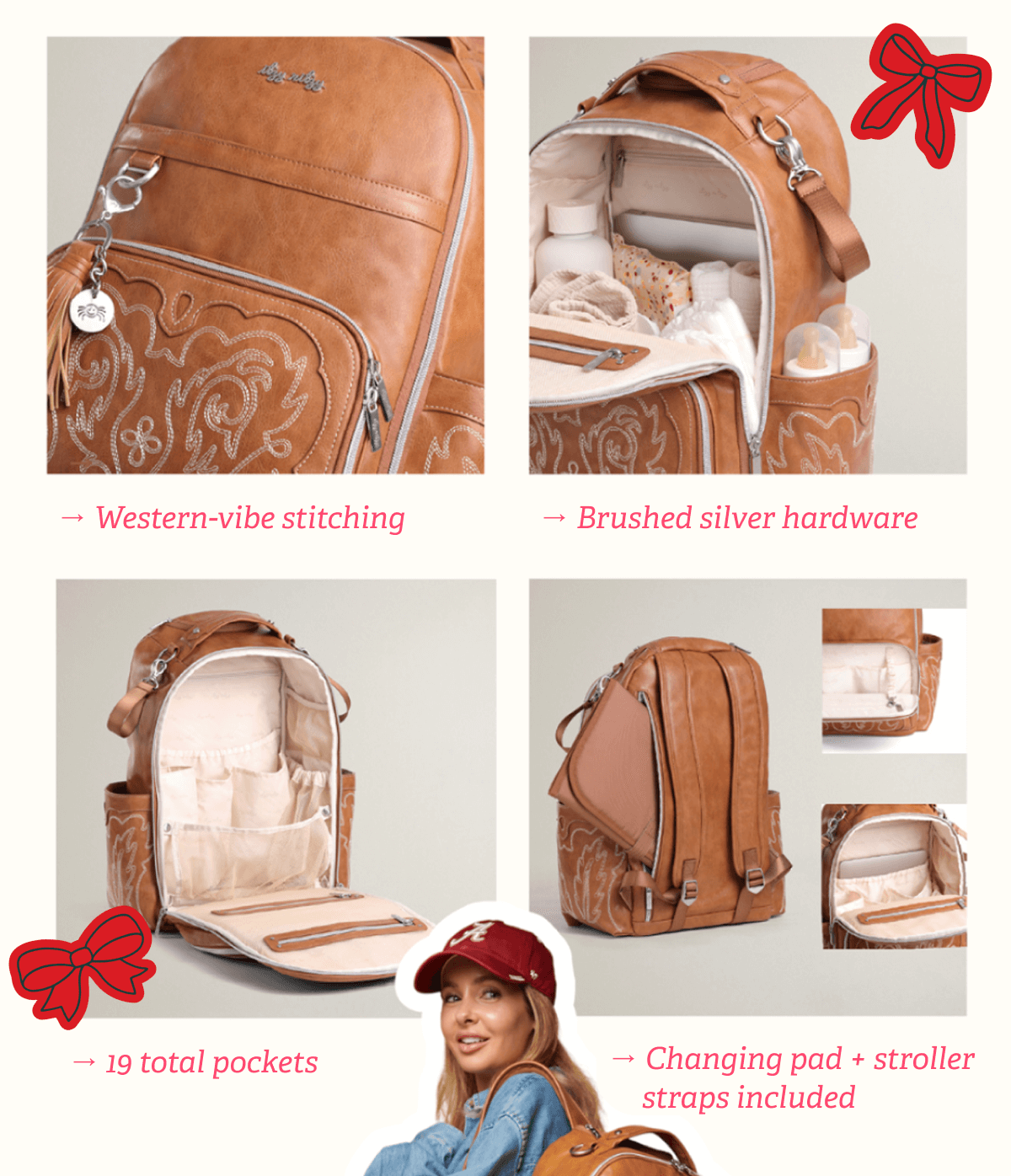 Western-vibe stitching - Brushed silver hardware - 19 total pockets - Changing pad + stroller      straps included