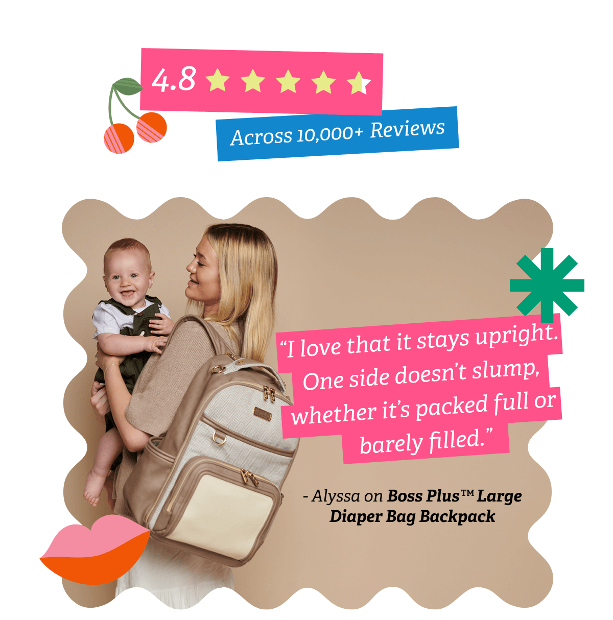 4.8 Stars Across 10,000+ Reviews | “I love that it stays upright. One side doesn’t slump, whether it’s packed full or barely filled.” — Alyssa on Boss Plus™ Large Diaper Bag Backpack