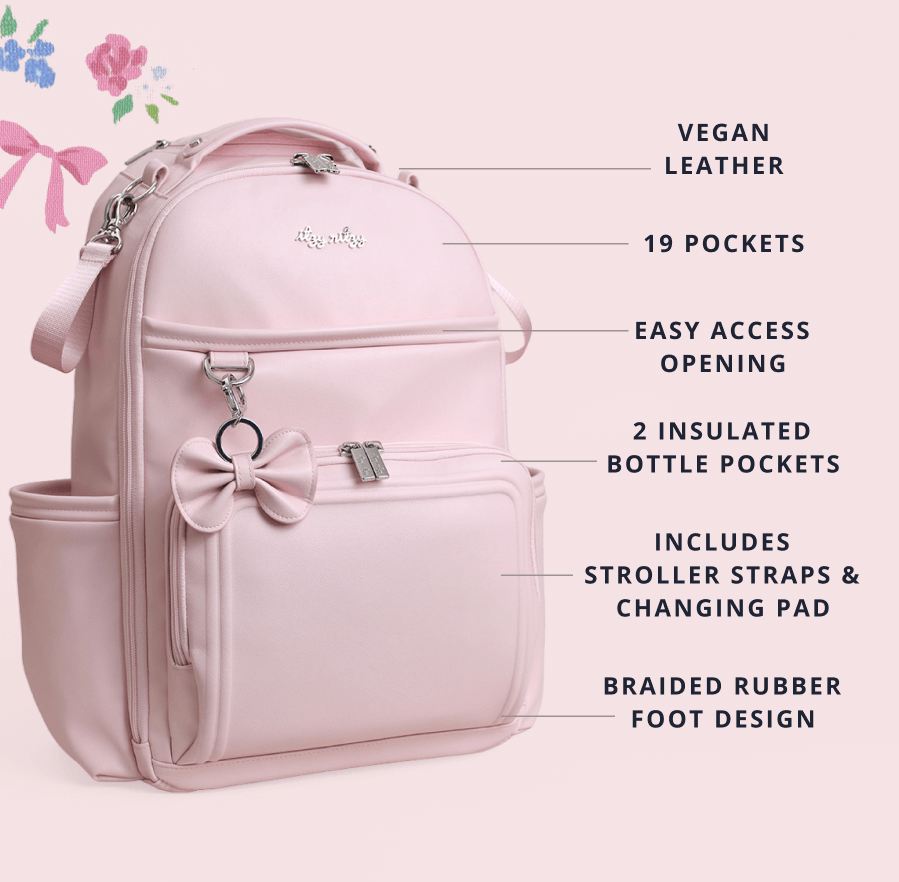 Vegan leather - 19 Pockets - Easy Access Opening - 2 Insulated Bottle Pockets - Includes Stroller straps & changing pad - Braided rubber foot design
