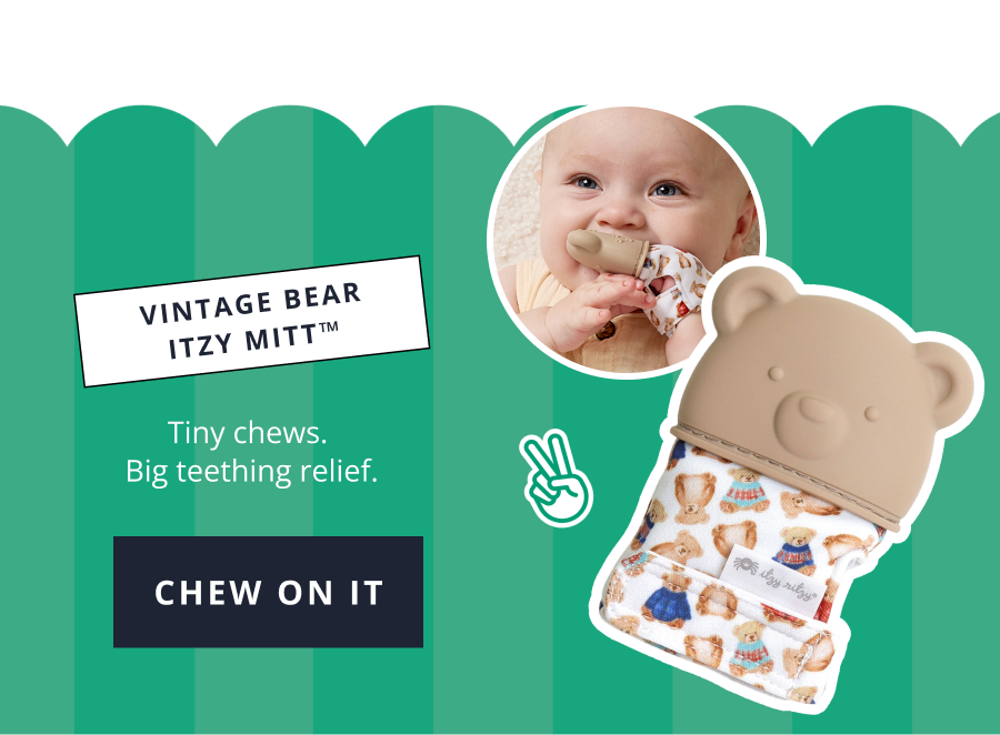 VINTAGE BEAR Itzy Mitt™ Tiny chews. Big teething relief. [ CHEW ON IT ]]