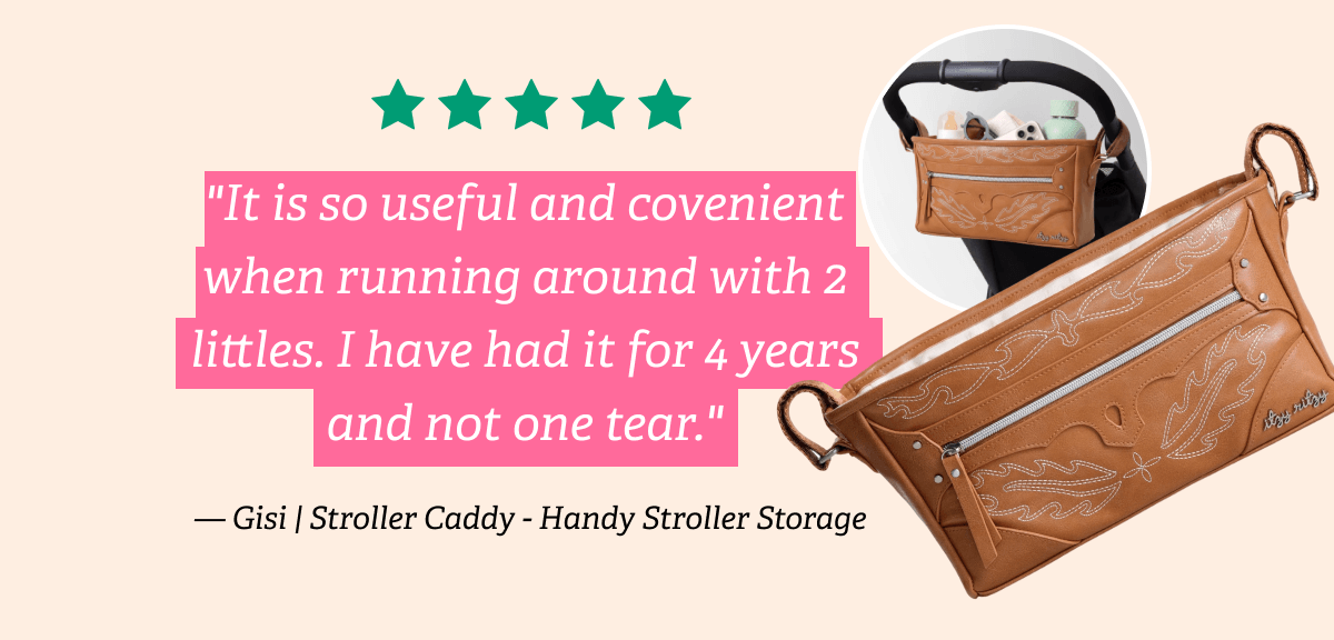 "It is so useful and covenient when running around with 2 littles. I have had it for 4 years and not one tear." — Gisi | Stroller Caddy - Handy Stroller Storage
