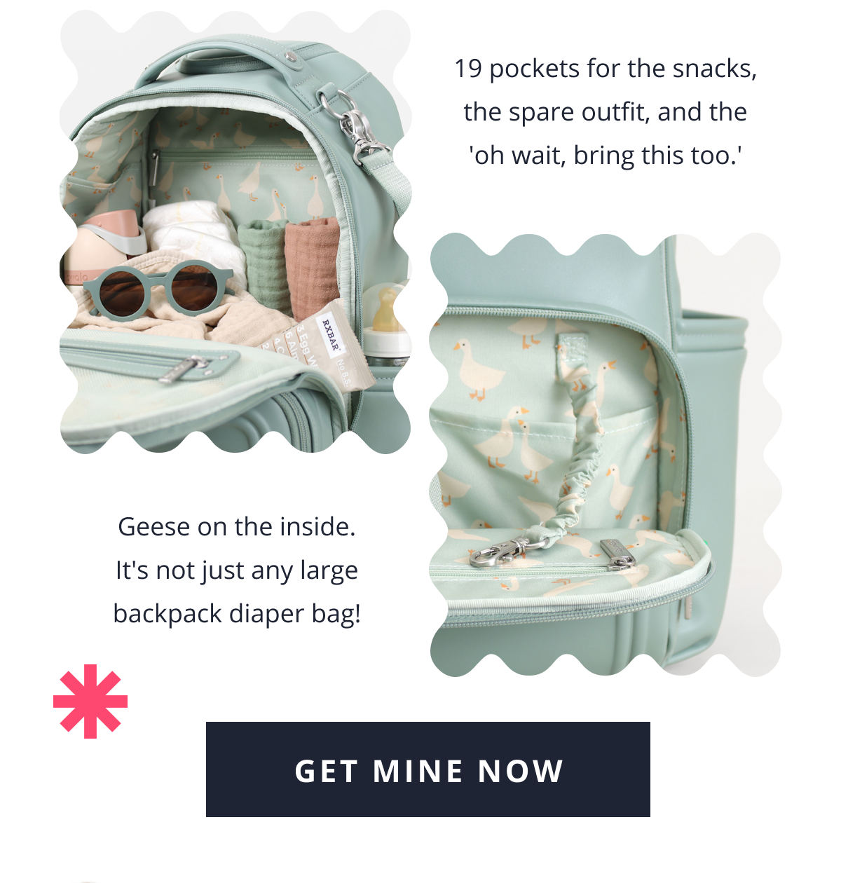 19 pockets for the snacks, the spare outfit, and the 'oh wait, bring this too.' Geese on the inside. It's not just any large backpack diaper bag! [ GET MINE NOW ]