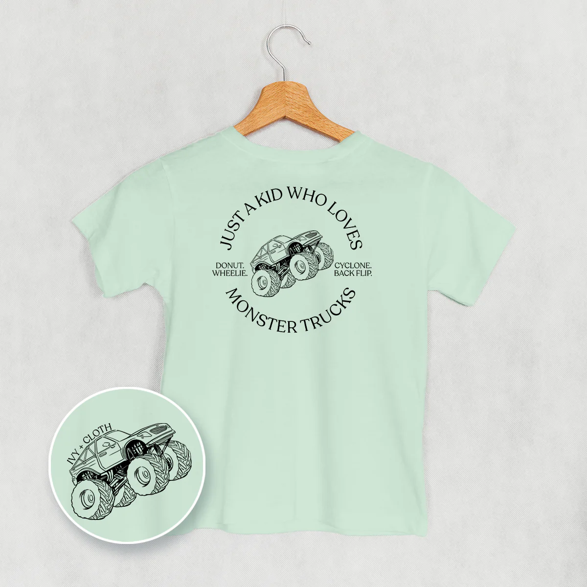 Image of Just A Kid Who Loves Monster Trucks (Kids Back Print)