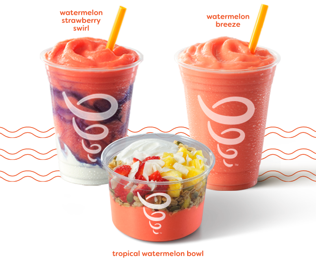 Watermelon smoothies, over ice, and bowls