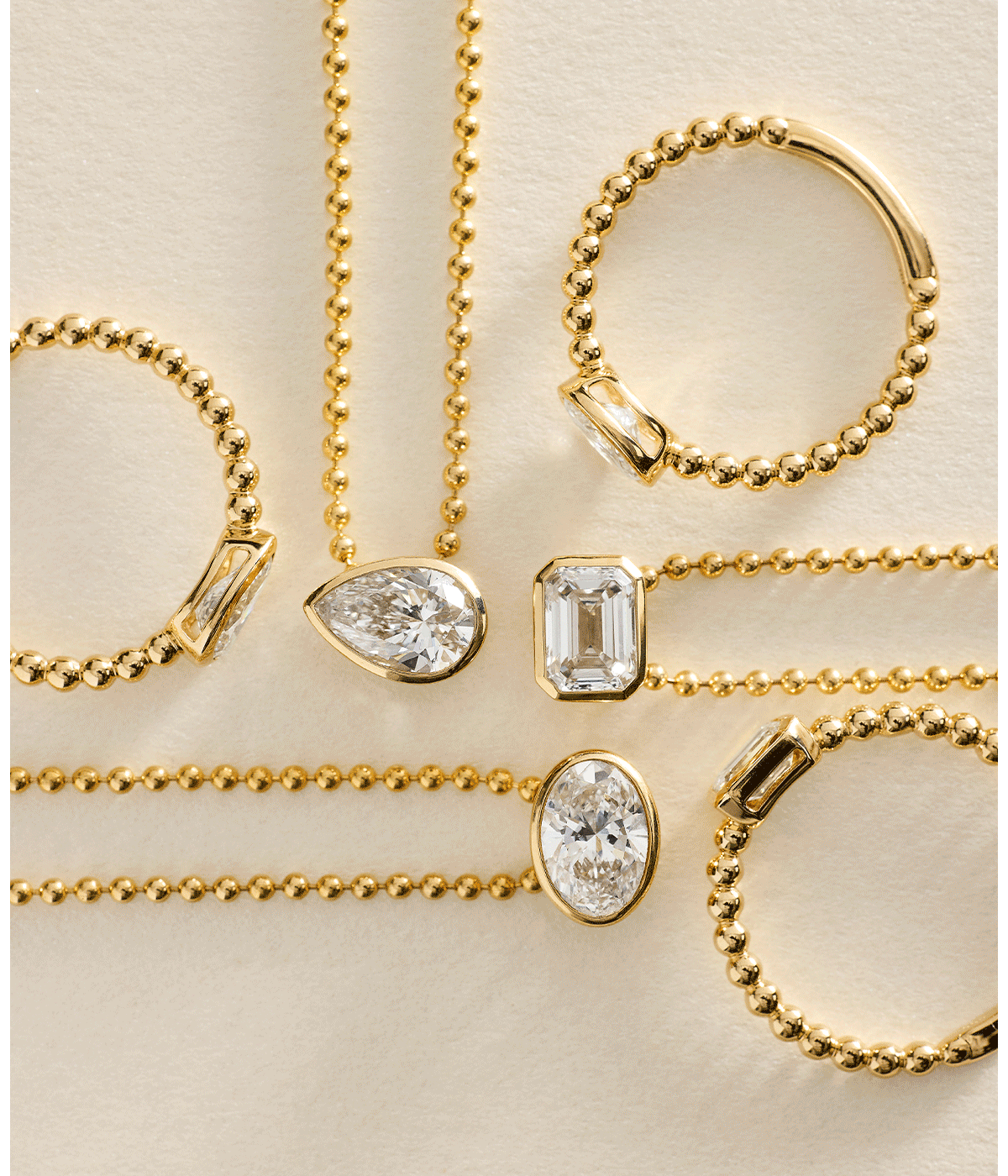 Diamond + Bead Chain collection combines subtle textures and bezel-set diamonds for additive style.