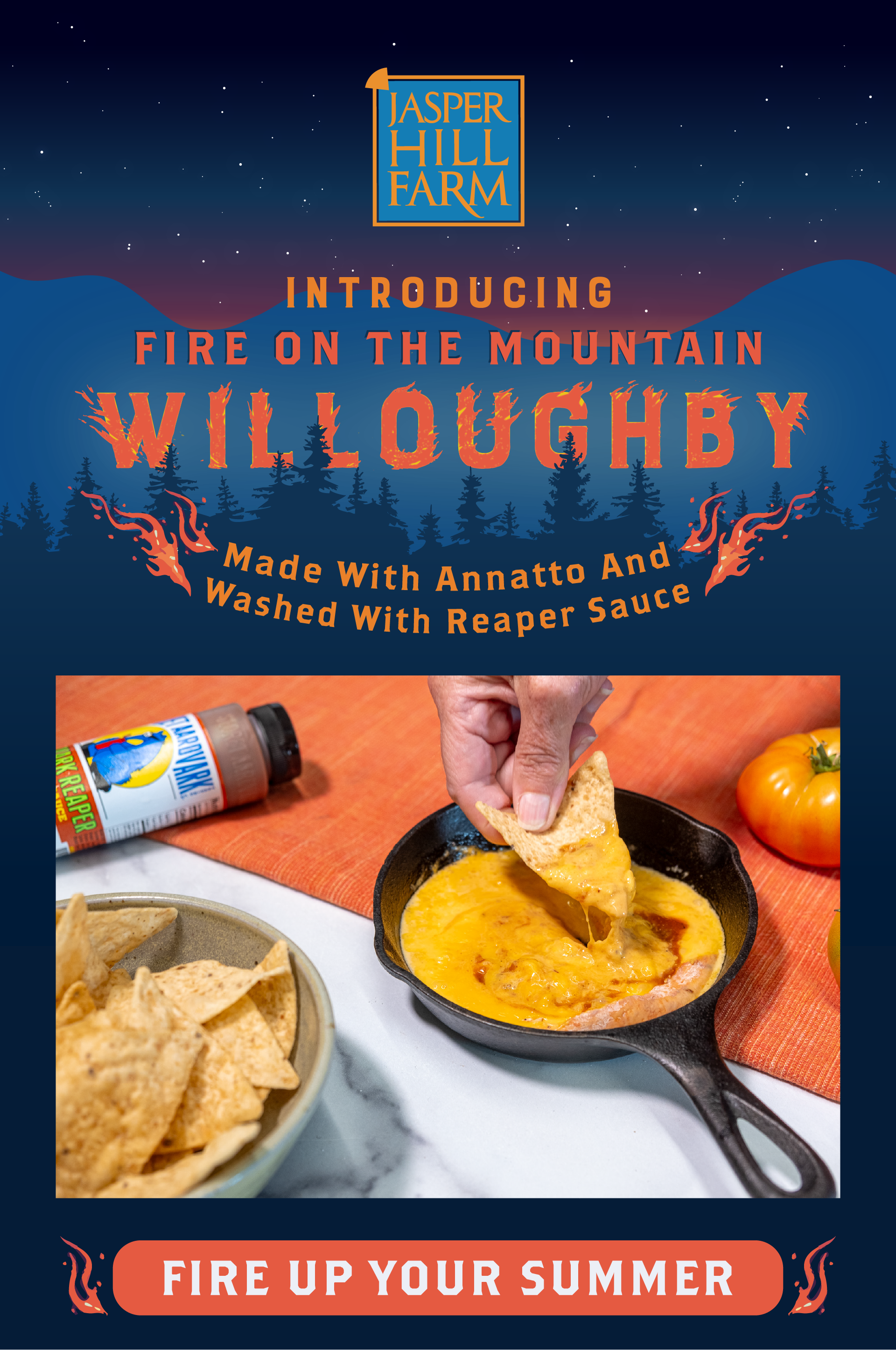 a hand dipping a tortilla chip into a pan of fire on the mountain wildfire