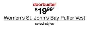 Doorbuster. $19.99* Women's St. John's Bay Puffer Vest, select styles.