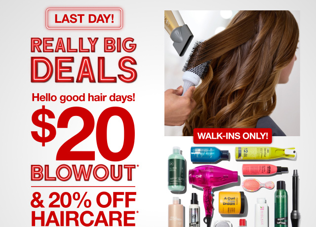 Really Big Deals. $20 Blowout & 20% Off Haircare*. Walk-ins Only!
