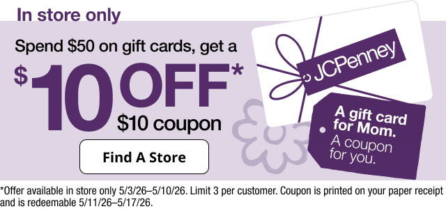 In store only. Spend $50 on gift cards, get a $10 Off* $10 coupon. Find A Store.