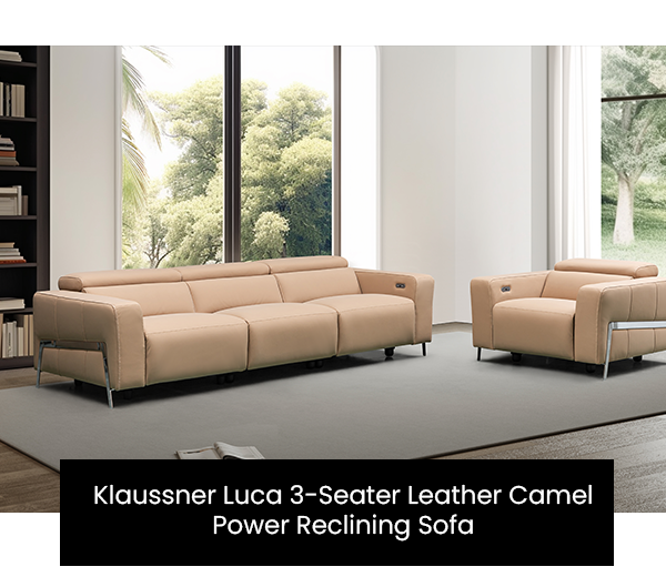Klaussner Luca 3 seater leather camel power reclining sofa