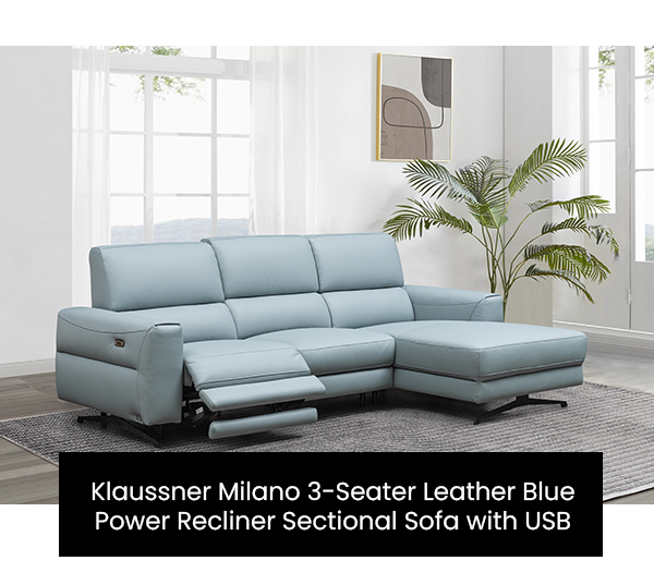 Klaussner Milano 3 seater leather blue power recliner sectional sofa with USB