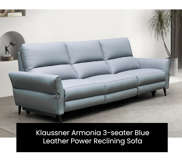 Klaussner Armonia 3 seater Blue Leather Power Reclining Sofa