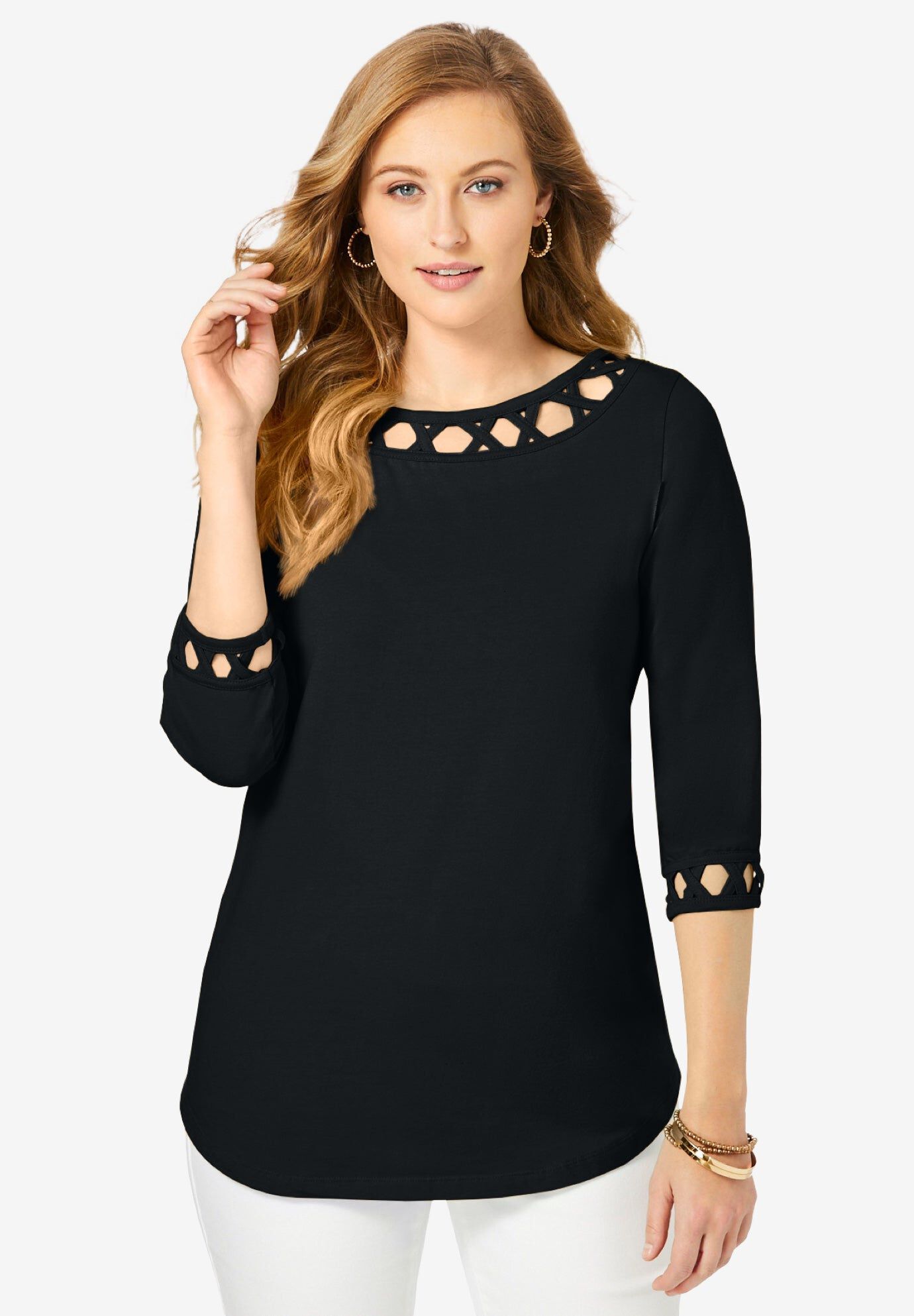Stretch Cotton Lattice Boatneck Tunic﻿