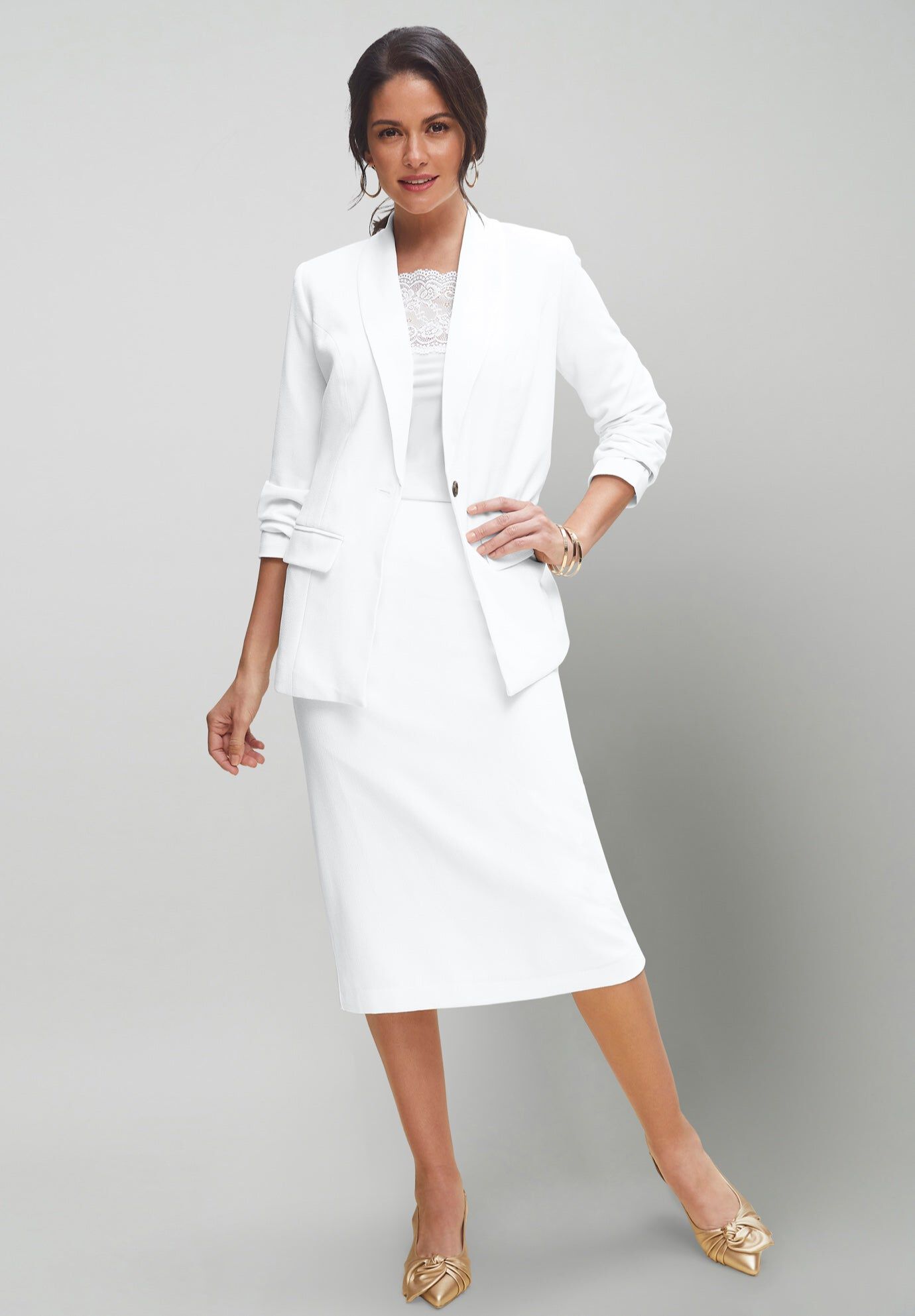 Piece Stretch Crepe SingleBreasted Skirt Suit﻿