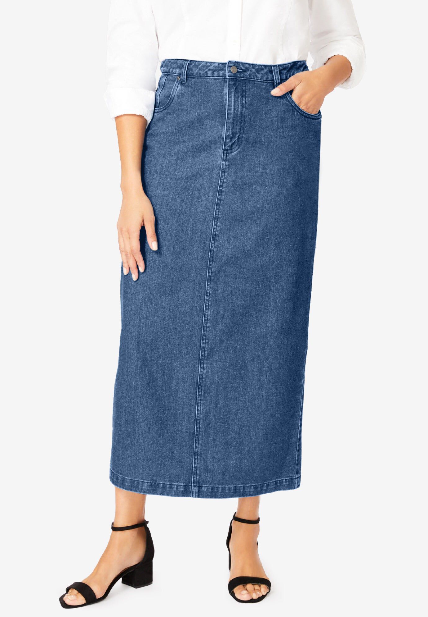 Classic Cotton Denim Midi Skirt﻿