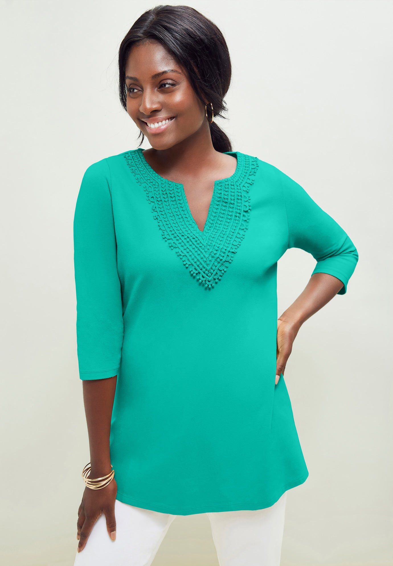Stretch Cotton Crochet Notch Neck Tunic﻿