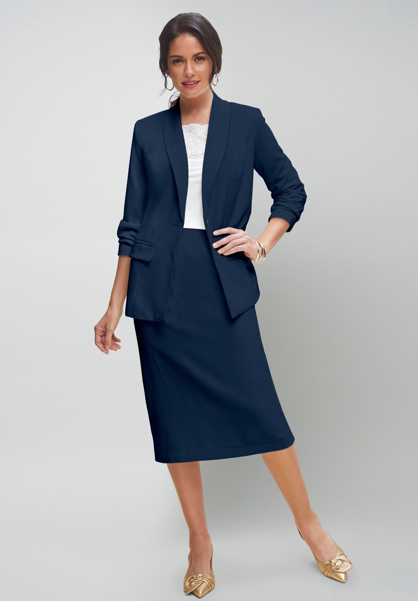 Piece Stretch Crepe SingleBreasted Skirt Suit﻿