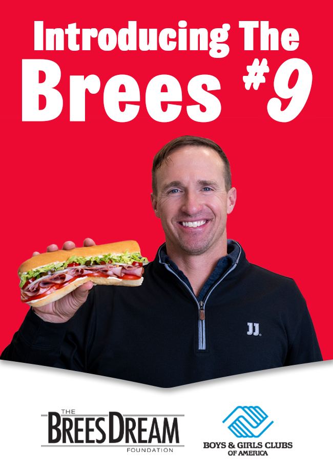 Introducing the Brees #9. Drew Brees holding a sandwich