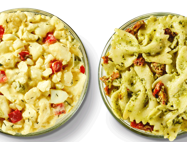 Pesto Bowtie Salad, Homestyle Potato Salad, Desserts, Chips or Pickle
