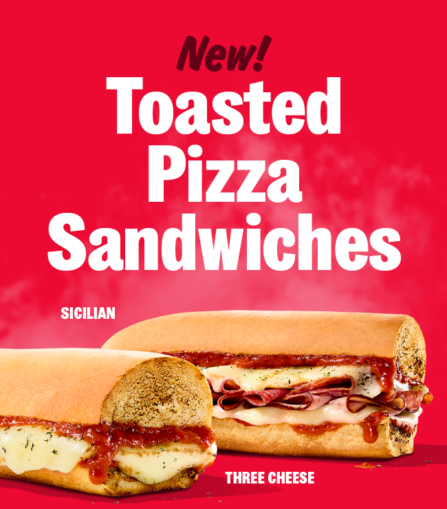 New! Toasted Pizza Sandwiches. Image of Sicilian and Three Cheese