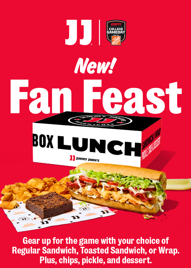 New! Fan Feast Gear up for the game with your choice of Regular Sandwich, Toasted Sandwich, or Wrap. Plus, chips, pickle, and dessert.