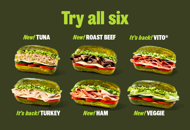 Try all six, New! TUNA, New! ROAST BEEF, It’s back! VITO®, It’s back! TURKEY, New! HAM, New! VEGGIE
