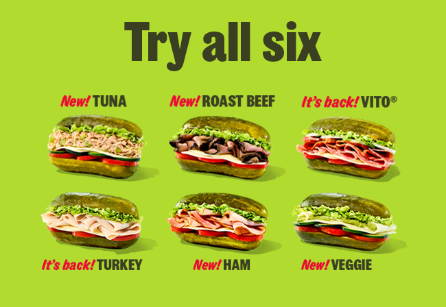 Try all six, New! TUNA, New! ROAST BEEF, It’s back! VITO®, It’s back! TURKEY, New! HAM, New! VEGGIE