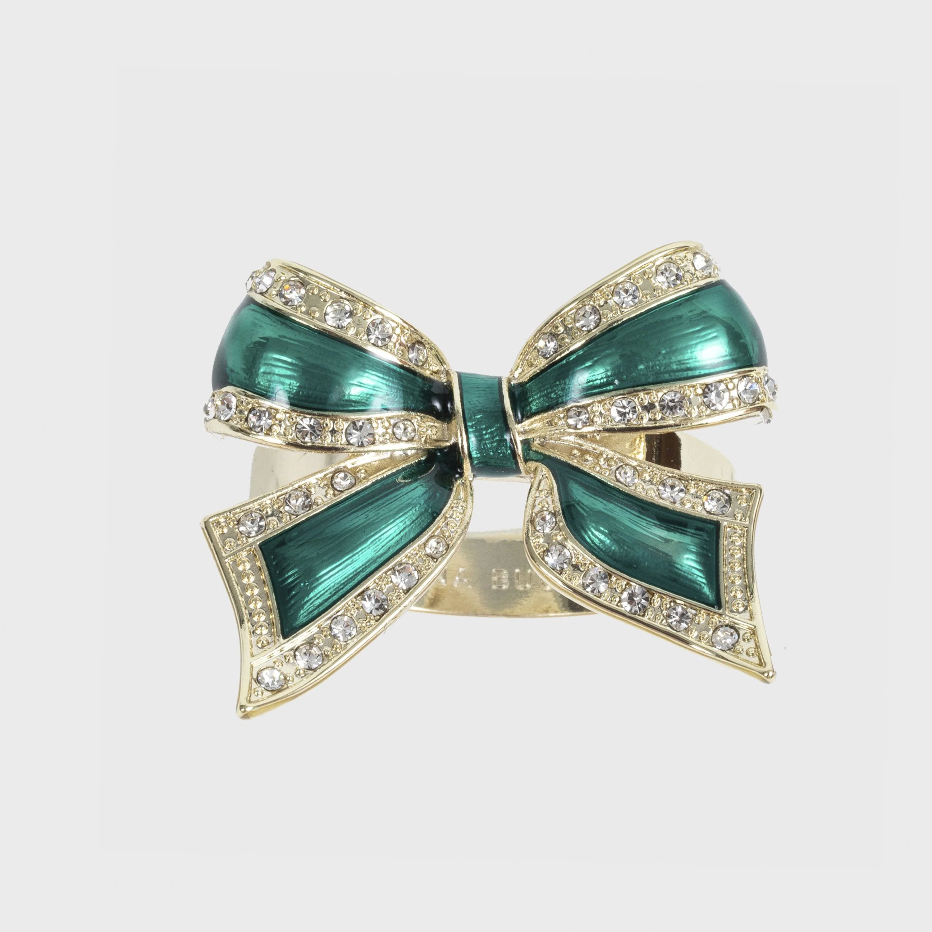 Image of Enamel bow skinny napkin rings, green, set of four