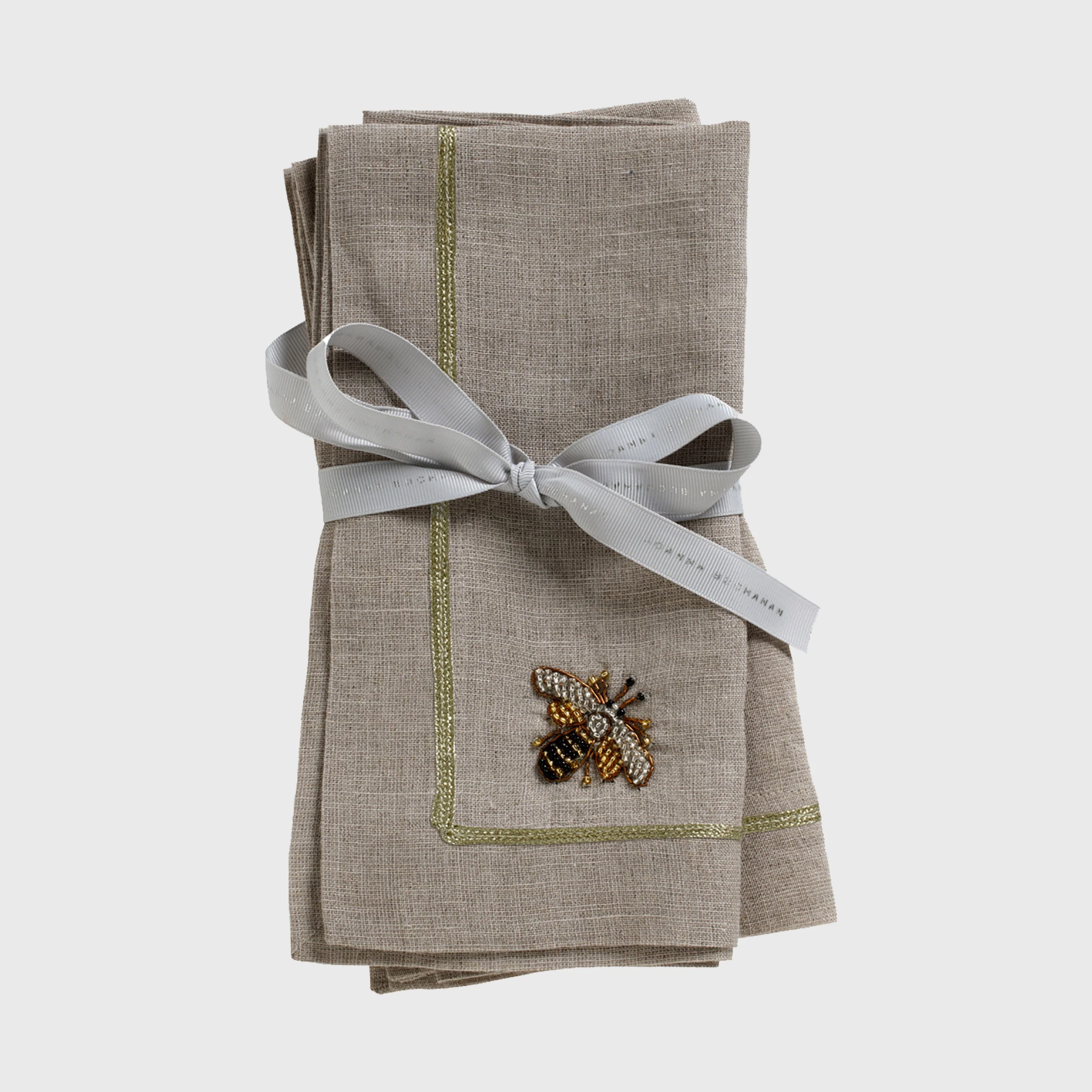 Image of Stripey bee linen dinner napkins, flax, set of two