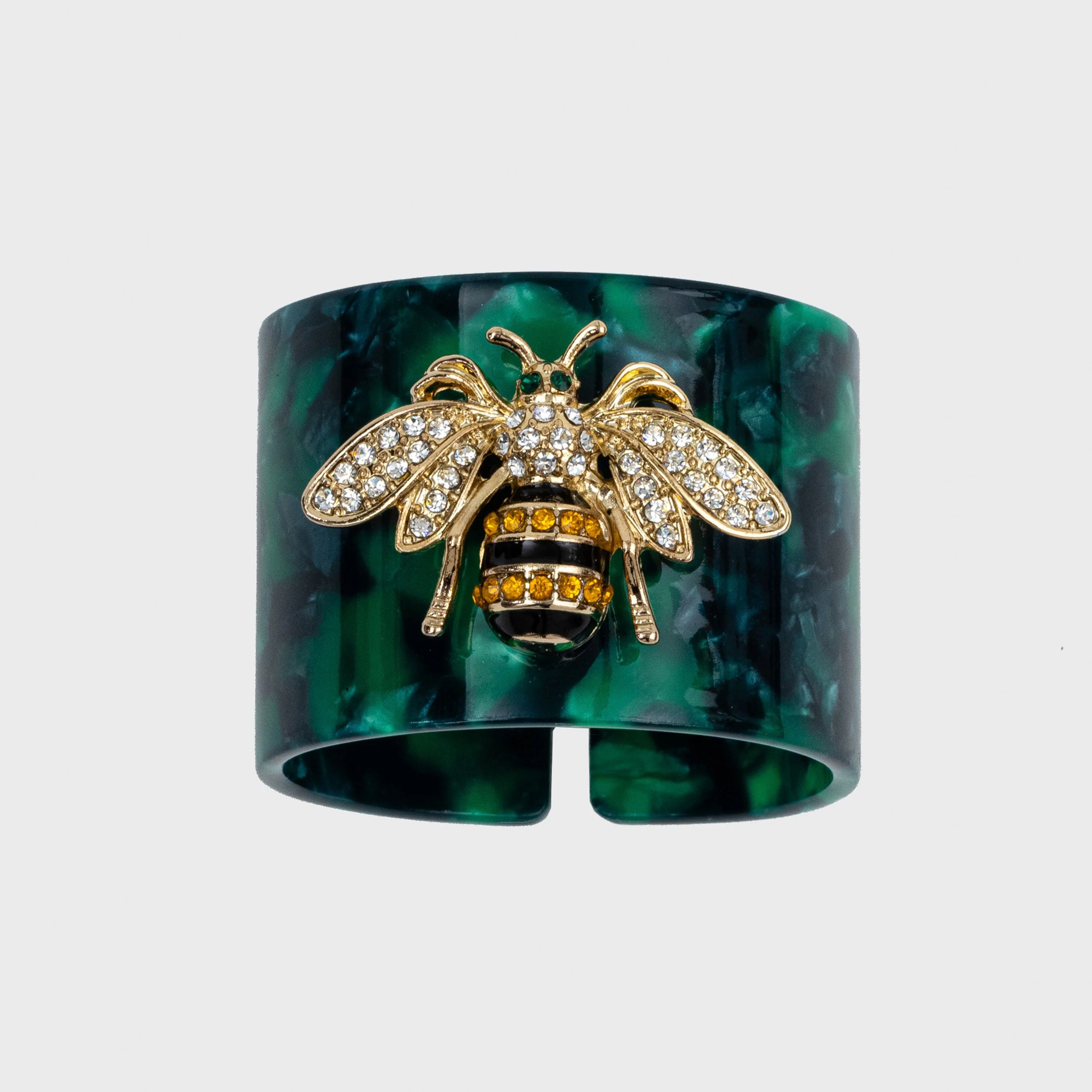 Image of Stripey bee resin napkin rings, green tortoiseshell, set of four