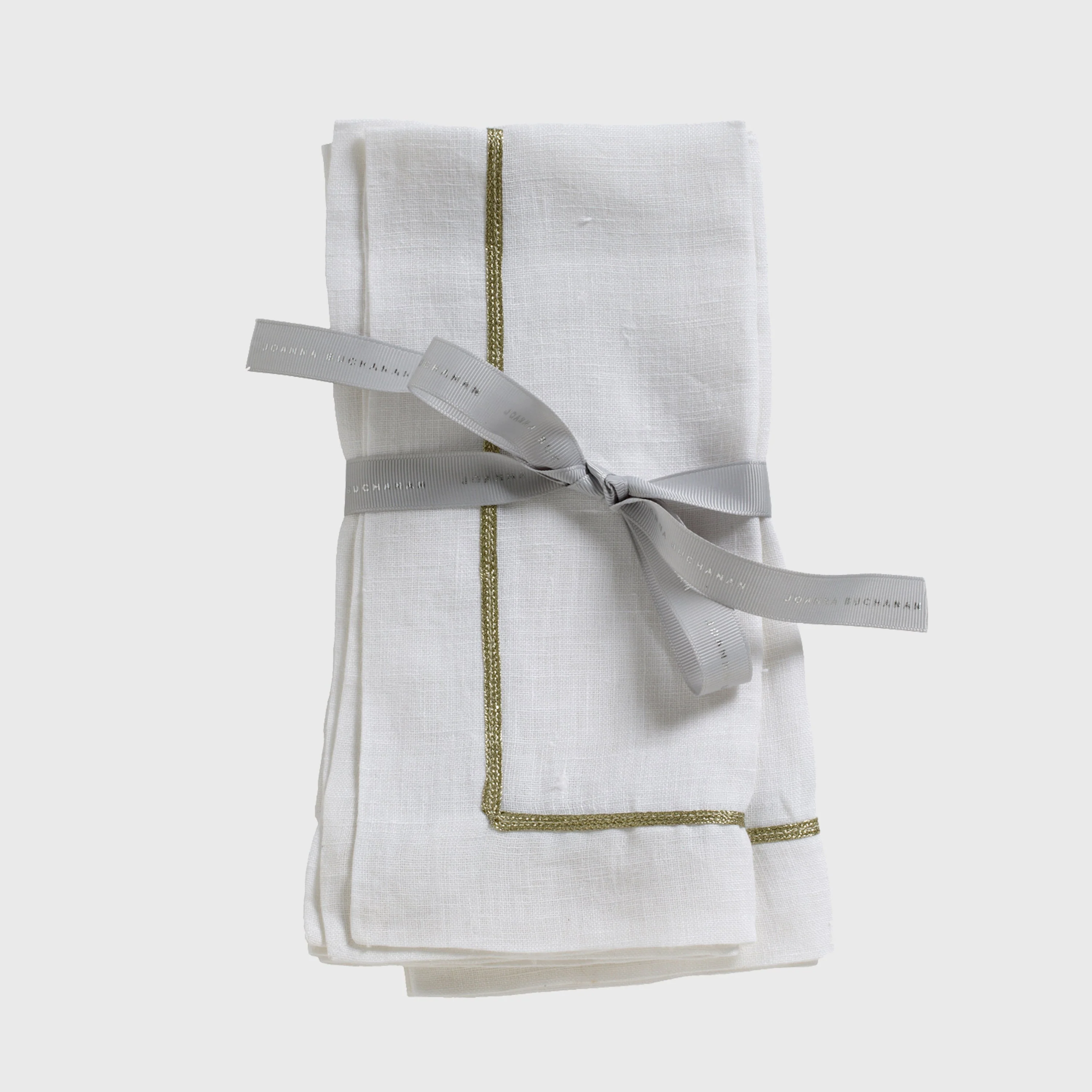 Image of Gold trim linen dinner napkins, white, set of two