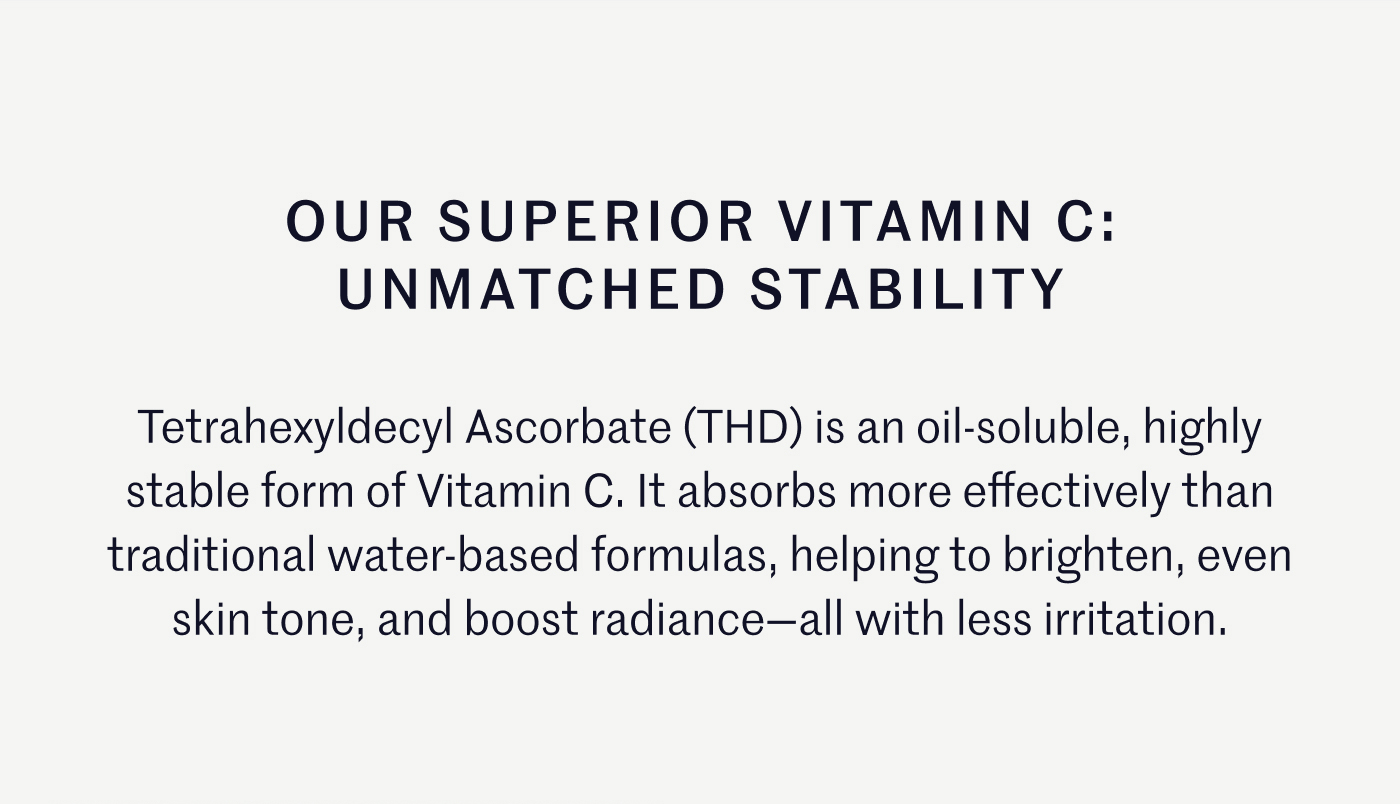 Our Superior Vitamin C: Unmatched Stability Tetrahexyldecyl Ascorbate (THD) is an oil-soluble, highly stable form of Vitamin C. It absorbs more effectively than traditional water-based formulas, helping to brighten, even skin tone, and boost radiance—all with less irritation.