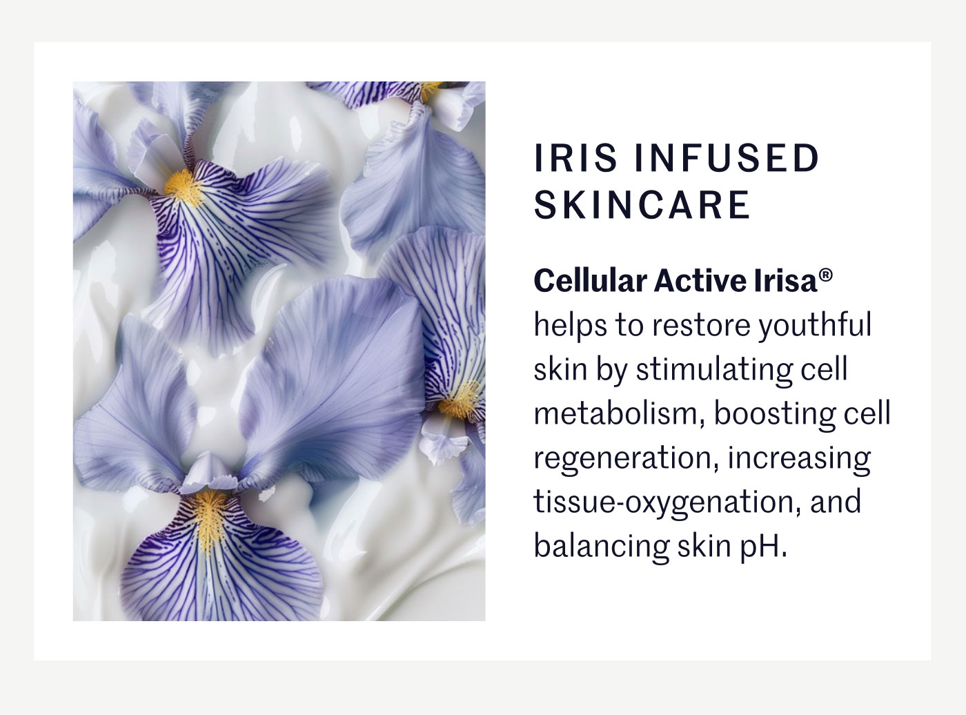 IRIS INFUSED SKINCARE  Cellular Active Irisa® helps to restore youthful skin by stimulating cell metabolism, boosting cell regeneration, increasing tissue-oxygenation, and balancing skin pH.