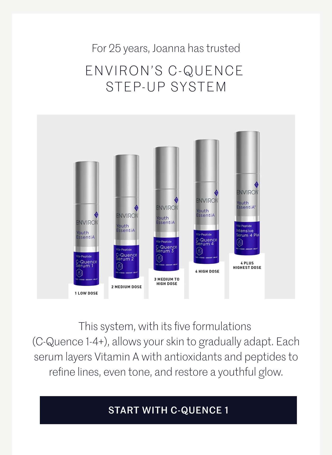 For 25 years, Joanna has trusted  ENVIRON’S C-QUENCE STEP-UP SYSTEM  1 LOW DOSE 2 MEDIUM DOSE 3 MEDIUM TO HIGH DOSE 4 HIGH DOSE 4 PLUS HIGHEST DOSE  This system, with its five formulations (C-Quence 1–4+), allows your skin to gradually adapt. Each serum layers Vitamin A with antioxidants and peptides to refine lines, even tone, and restore a youthful glow.  START WITH C-QUENCE 1